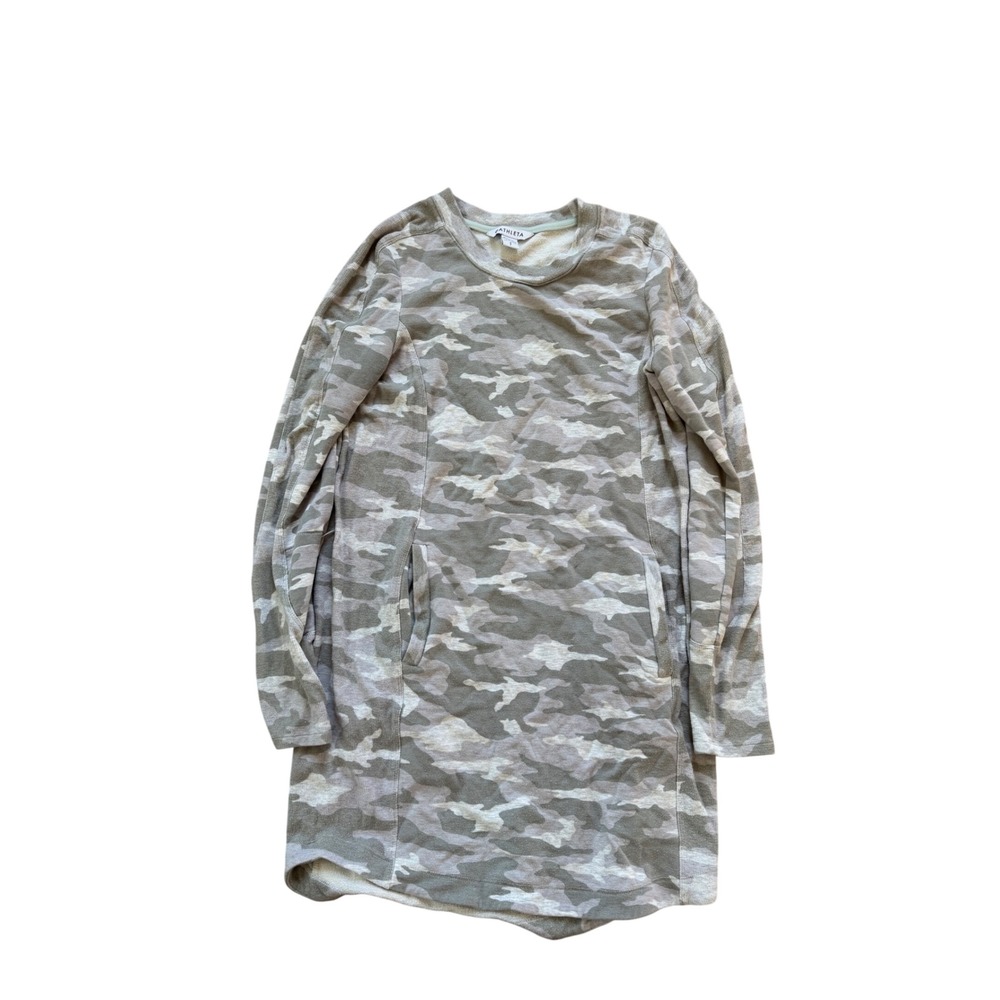 Athleta Women Gray Camo Coaster Luxe Sweatshirt Dress Small Long‎ Sleeve Pockets